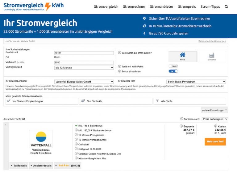 Verivox-Strom-Stromrechner - Stromvergleich 2021 | Strompreise